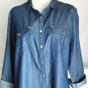 Denim Button Down Tunic Shirt blouse rolled sleeve